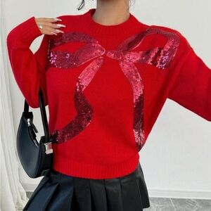 Red sequin bow sweater